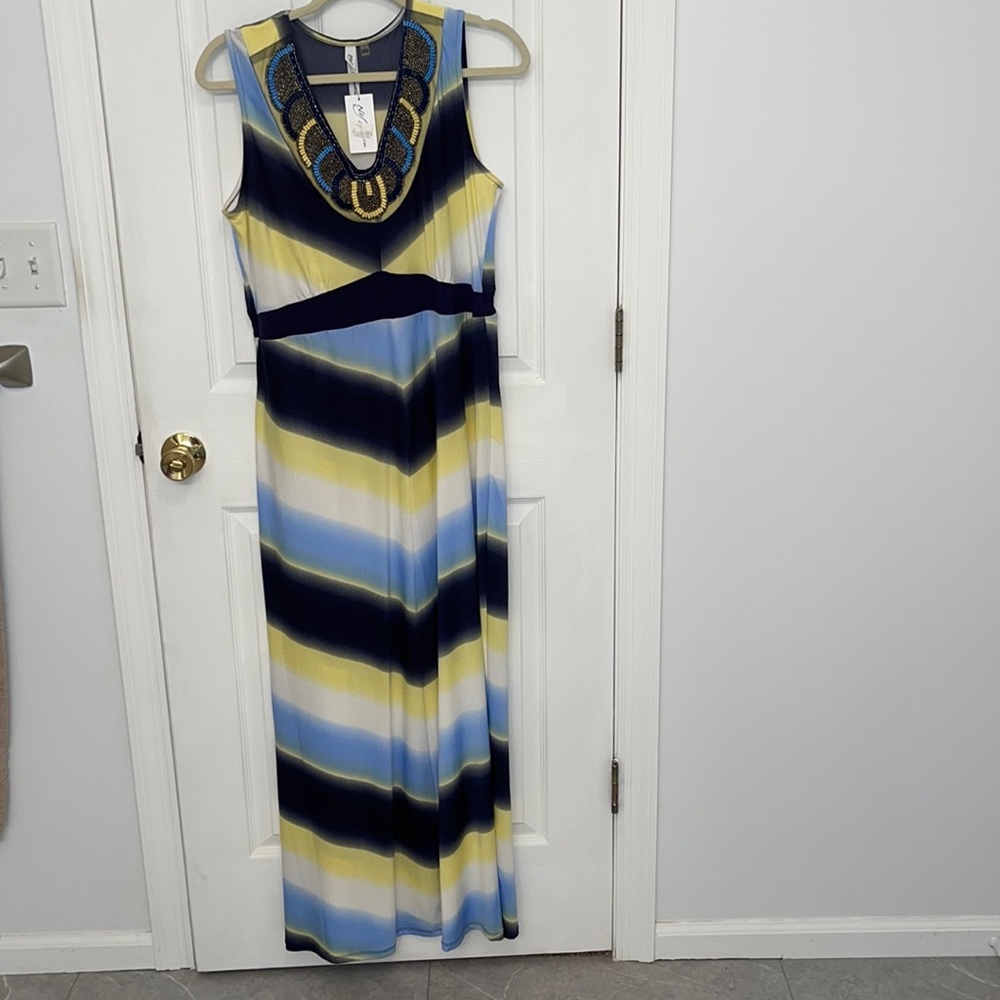 Blue and yellow maxi dress with beaded neckline